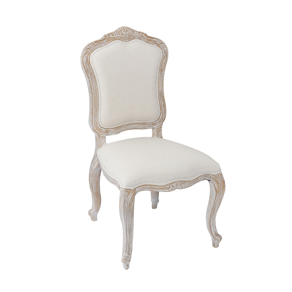 Dining Chair Linen Fabric Beige Oak Wood White Washed Finish