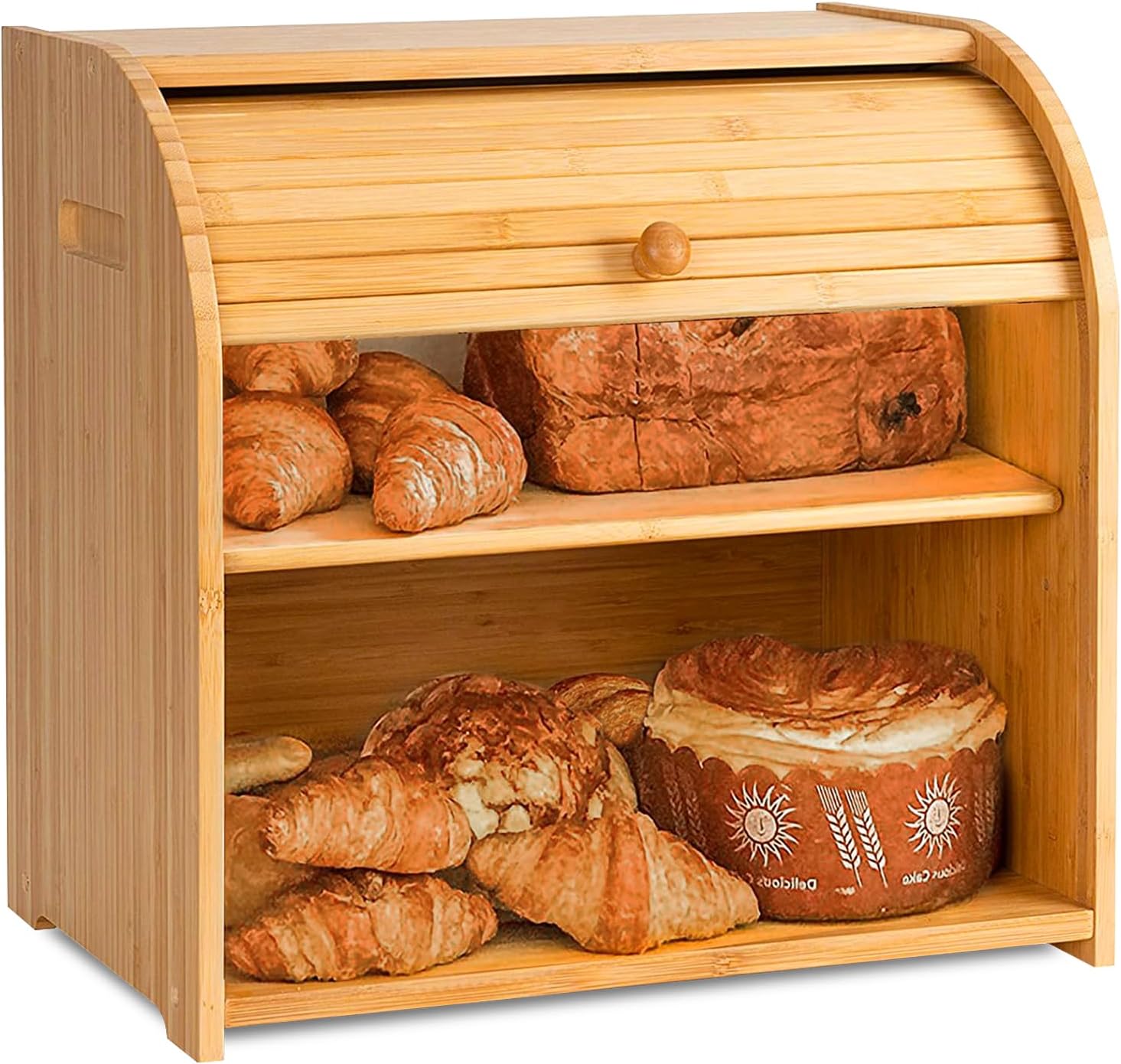 Large Bamboo Bread Box Storage Organizer with Roll Top