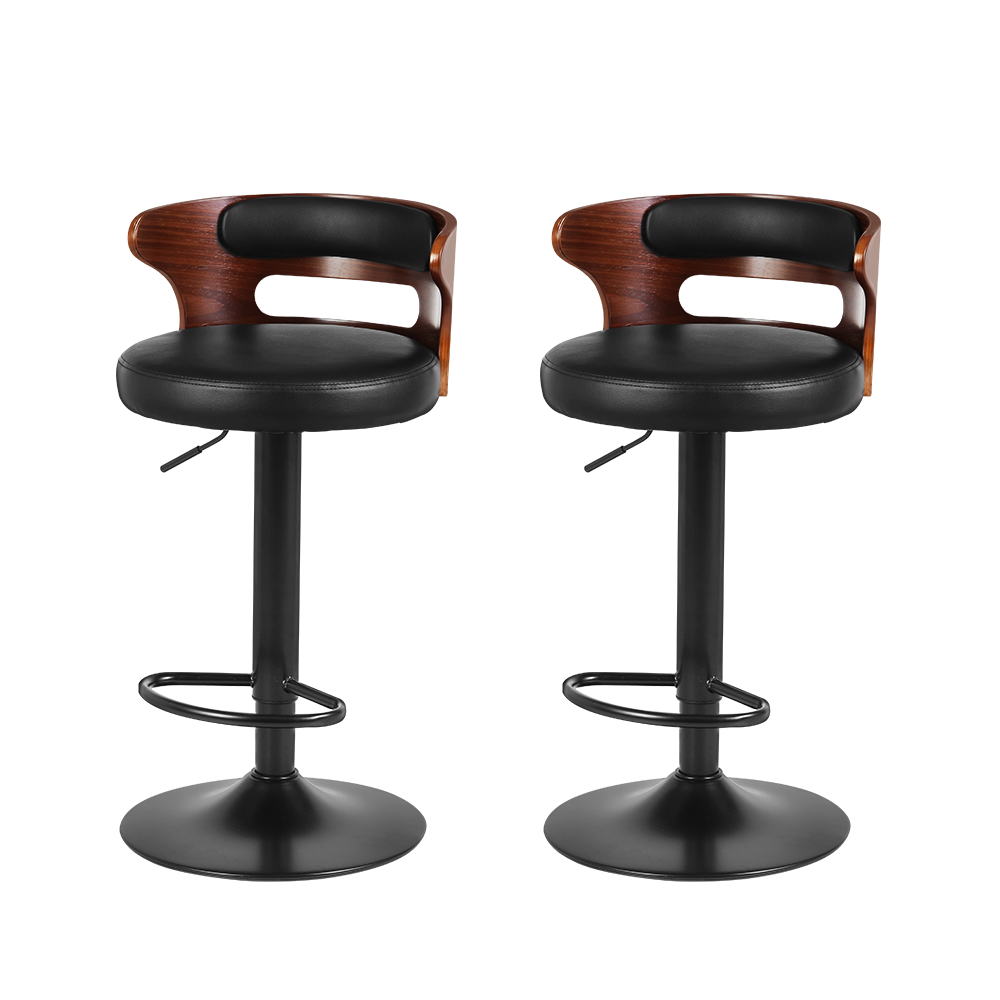 Artiss Set of 2 Bar Stools Kitchen Wooden Gas Lift Leather Stool Metal Black Barstools