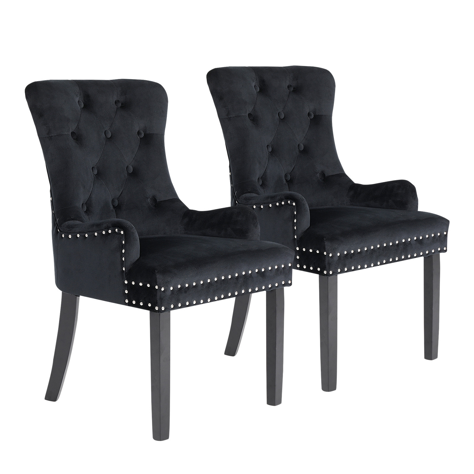 La Bella 2 Set Black French Provincial Dining Chair Ring Studded Lisse Velvet Rubberwood