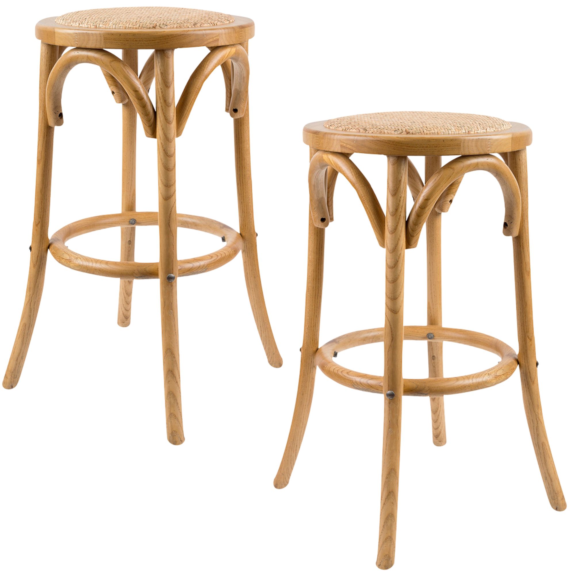 Aster 2pc Round Bar Stools Dining Stool Chair Solid Birch Timber Rattan Seat Oak