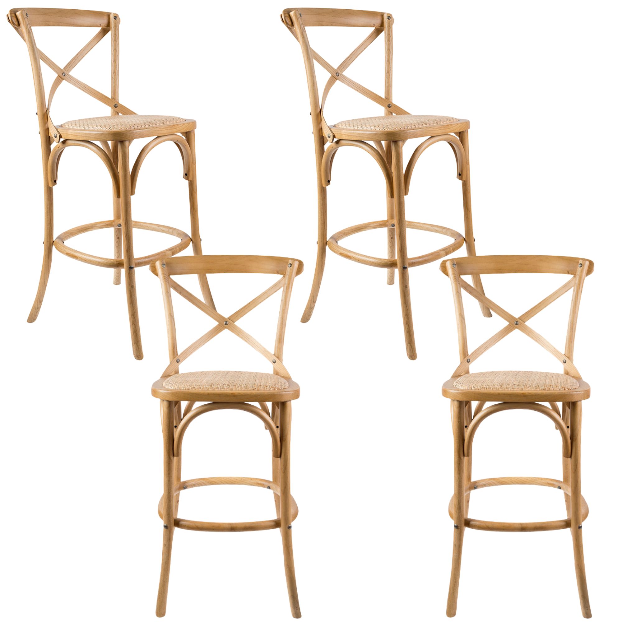 Aster 4pc Crossback Bar Stools Dining Chair Solid Birch Timber Rattan Seat - Oak