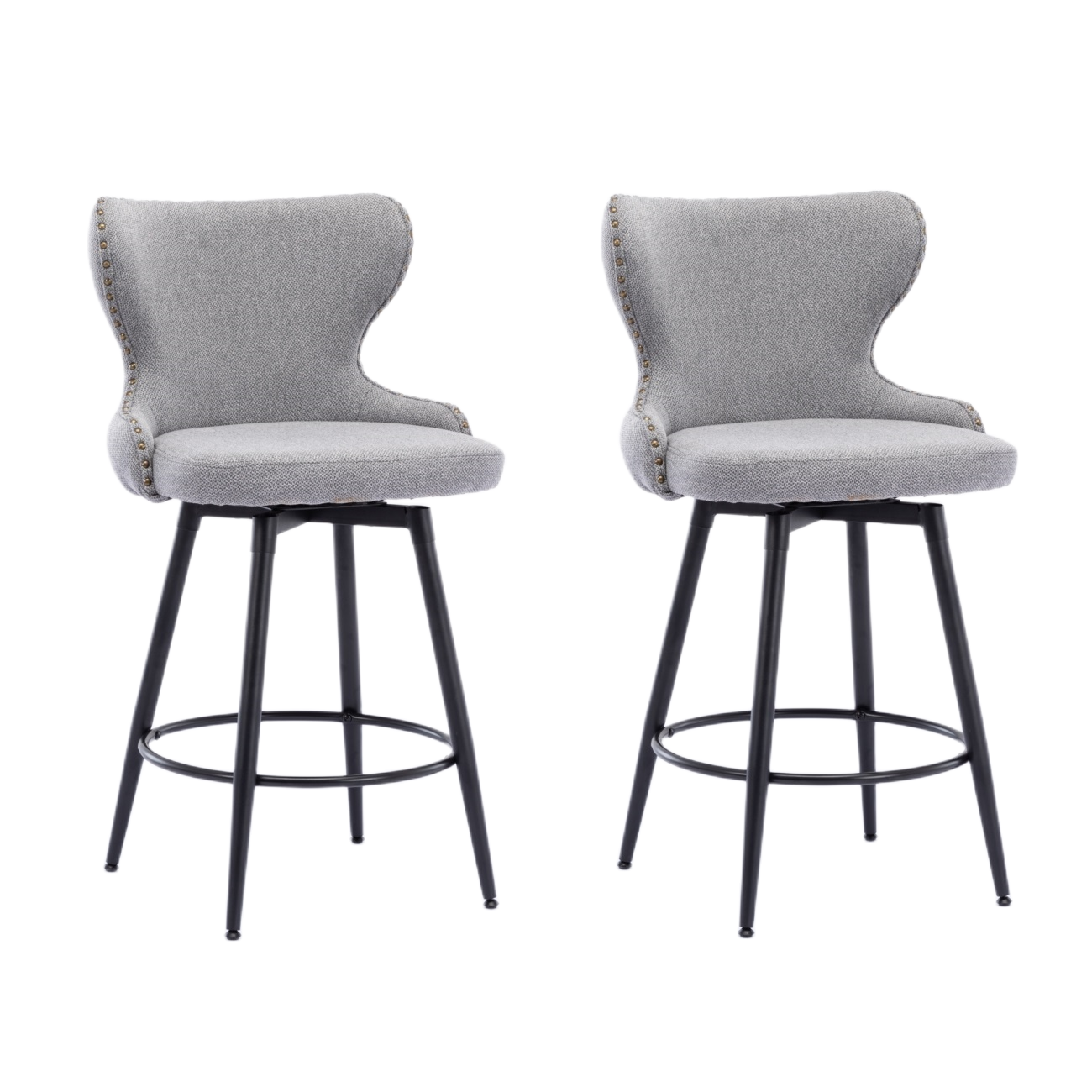 2x Swivel Bar Stools Tufted Counter Chairs with Stud Trim and Metal Base-Dark Grey