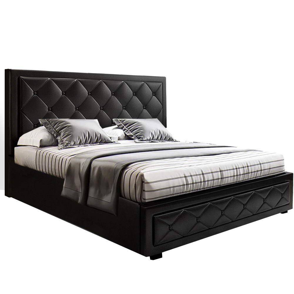 Artiss Bed Frame Double Size Gas Lift Base With Storage Black Leather Tiyo Collection