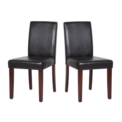 2x Wooden Frame Brown Leatherette Dining Chairs with Solid Pine Legs