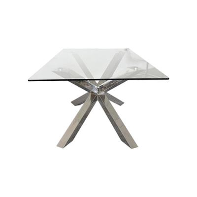 Dining Table in Crisscross Shaped High Glossy Stainless Steel Base with 12mm Tempered Glass Top