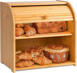 Large Bamboo Bread Box Storage Organizer with Roll Top