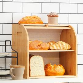 Large Bamboo Bread Box Storage Organizer with Roll Top