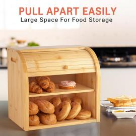 Large Bamboo Bread Box Storage Organizer with Roll Top