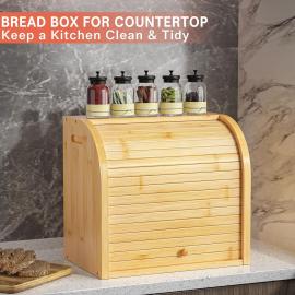 Large Bamboo Bread Box Storage Organizer with Roll Top