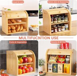 Large Bamboo Bread Box Storage Organizer with Roll Top