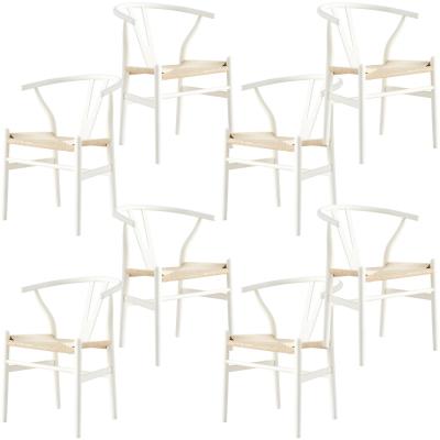 Anemone  Set of 8 Wishbone Dining Chair Beech Timber Replica Hans Wenger - White