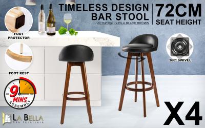 La Bella 4 Set 72cm Black Brown Wooden Bar Stool Leila Leather