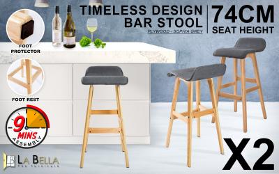 La Bella 2 Set 74cm Grey Wooden Bar Stool Sophia Fabric