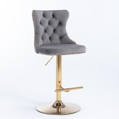 2x Height Adjustable Swivel Bar Stool Velvet Studs Barstool with Footrest and Golden Base- Grey