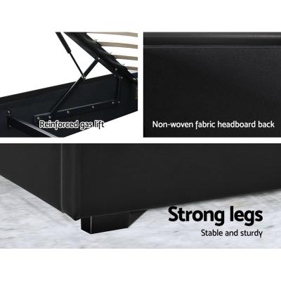 Artiss Cole LED Bed Frame PU Leather Gas Lift Storage - Black Queen