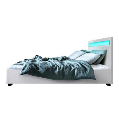 Artiss Cole LED Bed Frame PU Leather Gas Lift Storage - White Queen