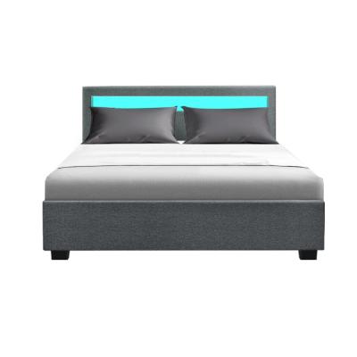 Artiss Bed Frame Double Size Gas Lift RGB LED Bedbase Grey Cole