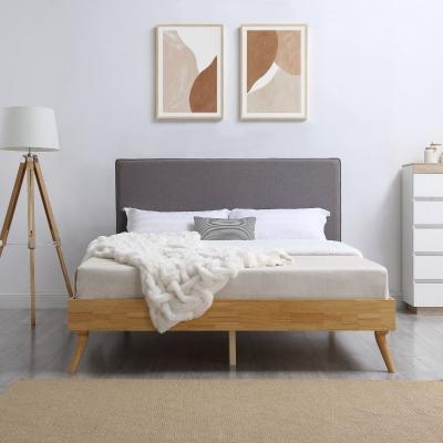 Natural Oak Ensemble Bed Frame Wooden Slat Fabric Headboard Double